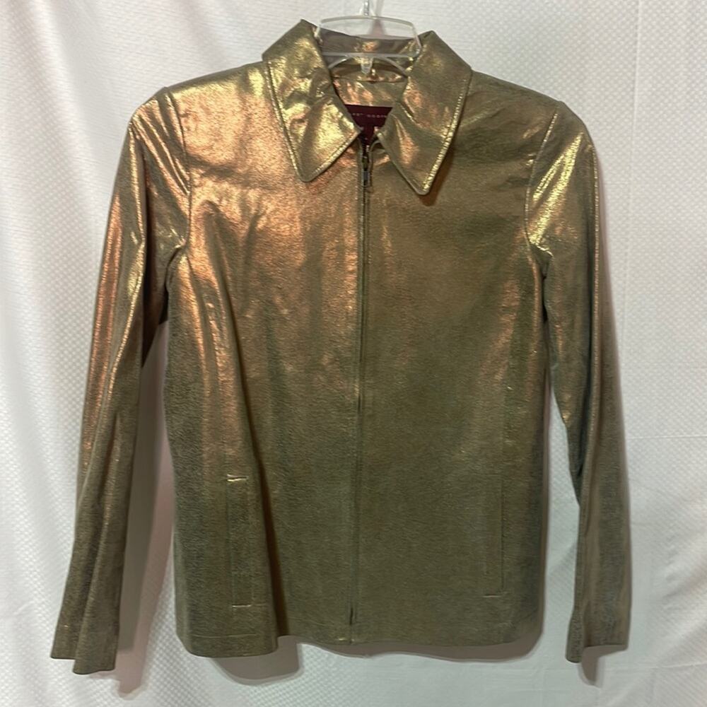 Margaret Godfrey 8 golden leather full front zip fitted style collar pockets euc
